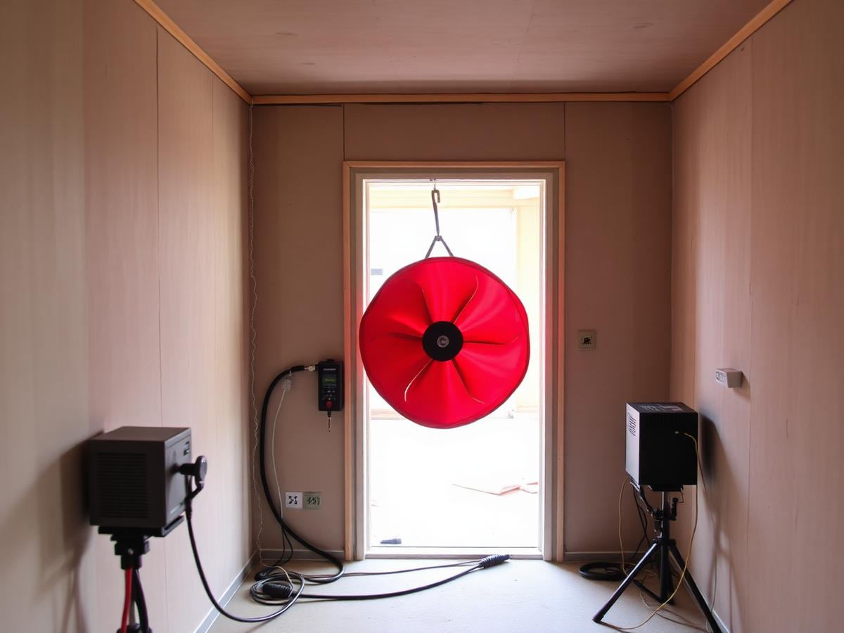 Airtightness testing equipment in a house under construction